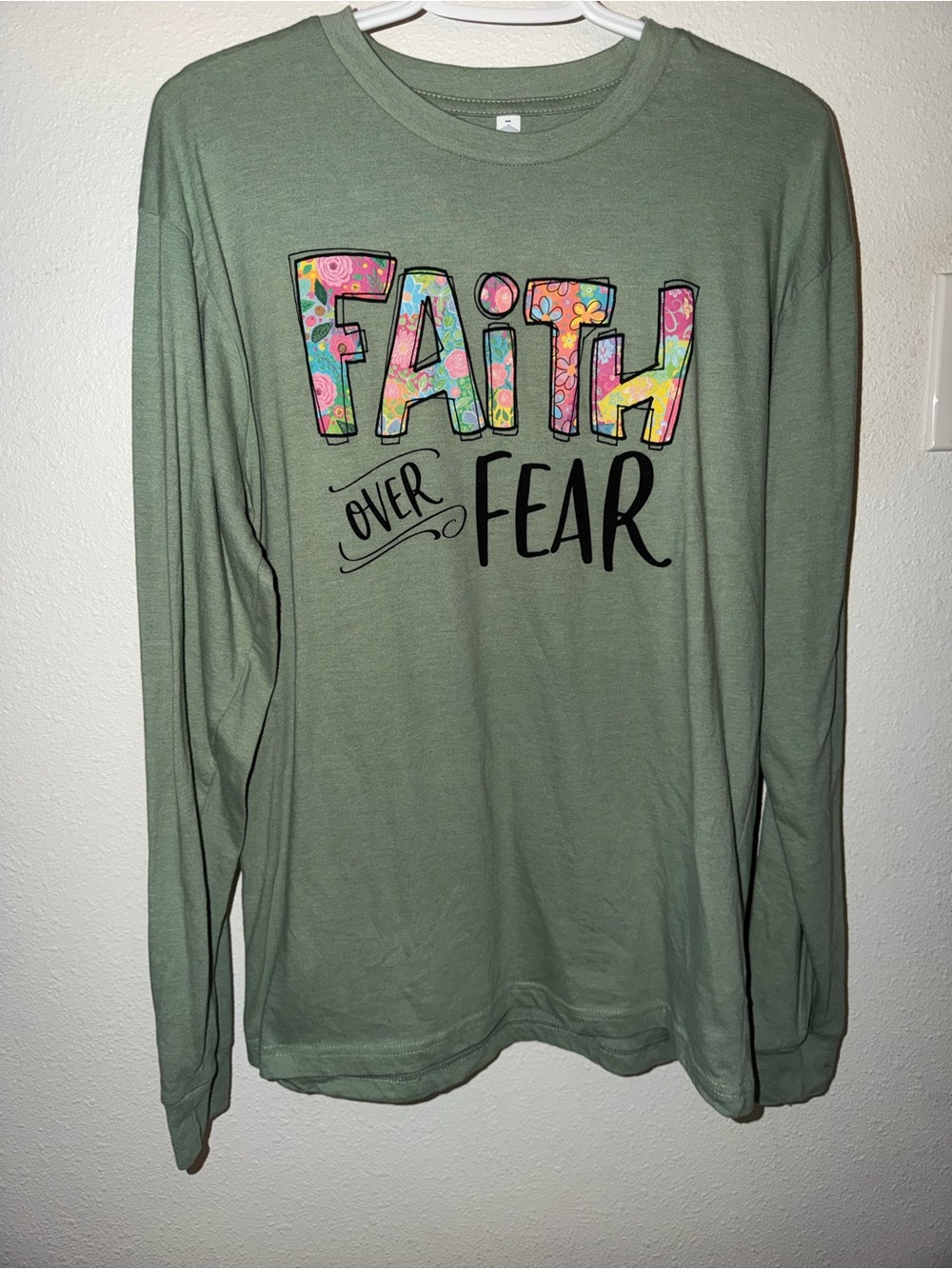 Faith Over Fear Long Sleeve Tee - Sage Green
